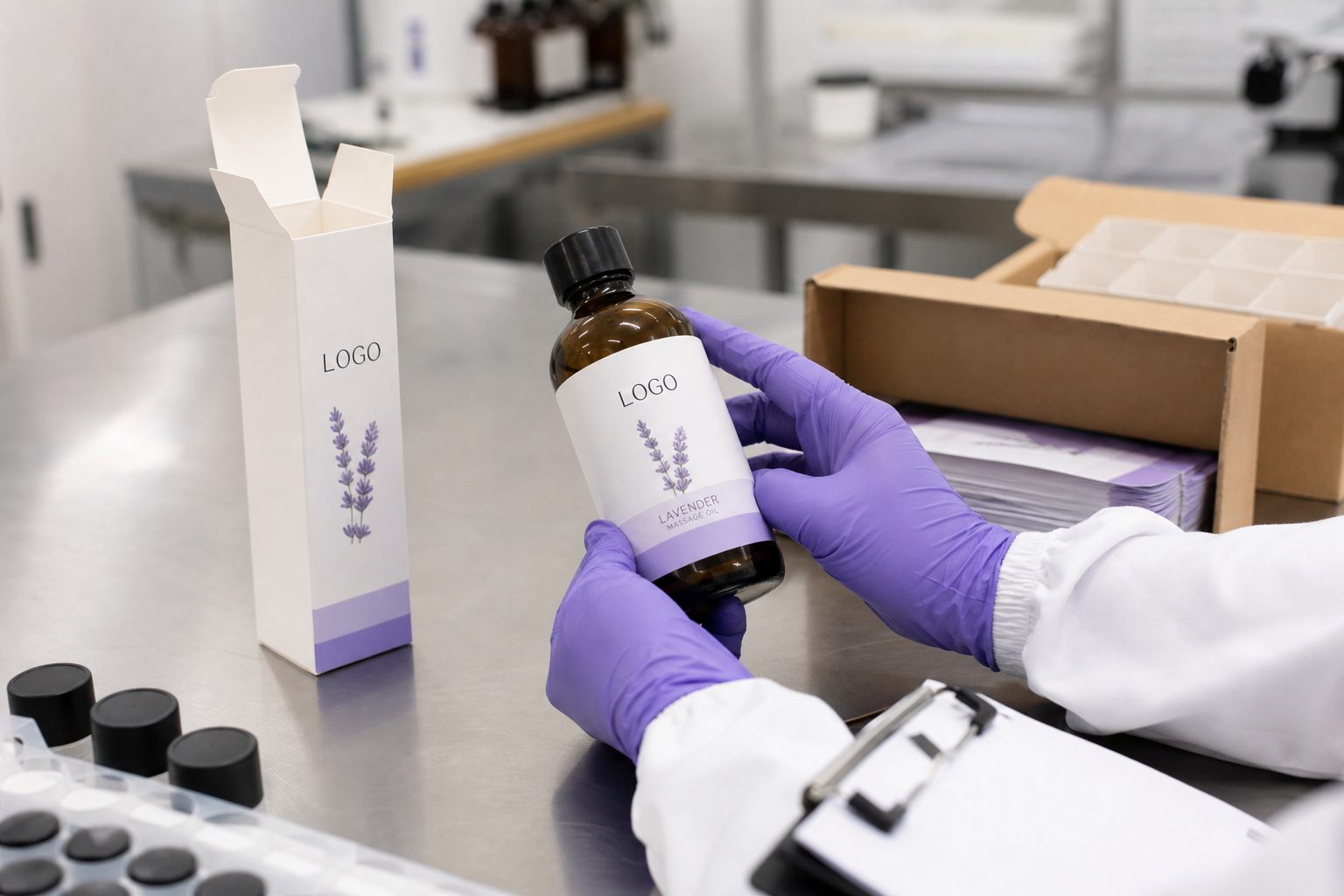 Factory QC label check for lavender massage oil bottle and carton samples before private label production