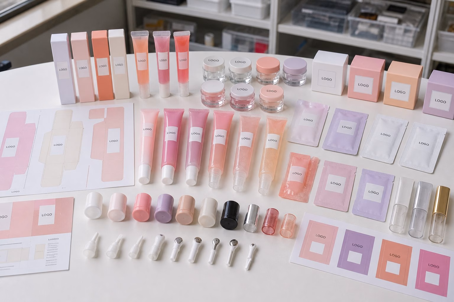 Custom logo lip jelly care gel packaging options with tubes jars sachets carton proofs cap swatches and applicator components