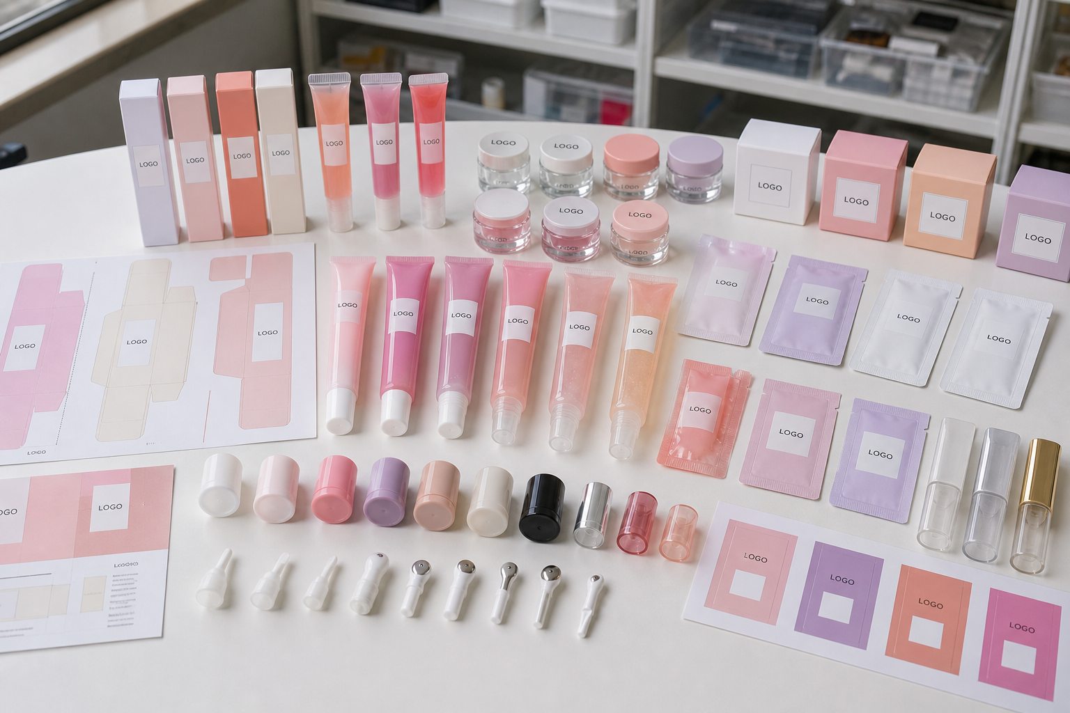 Custom logo lip jelly care gel packaging options with tubes jars sachets carton proofs cap swatches and applicator components