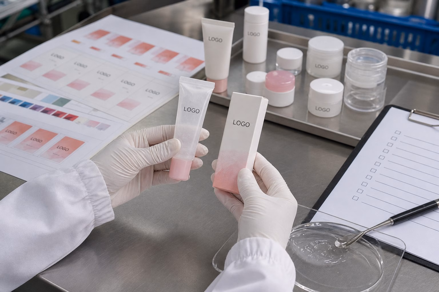 Factory QC sample review for lip jelly care gel packaging label proof texture sample and private label production planning