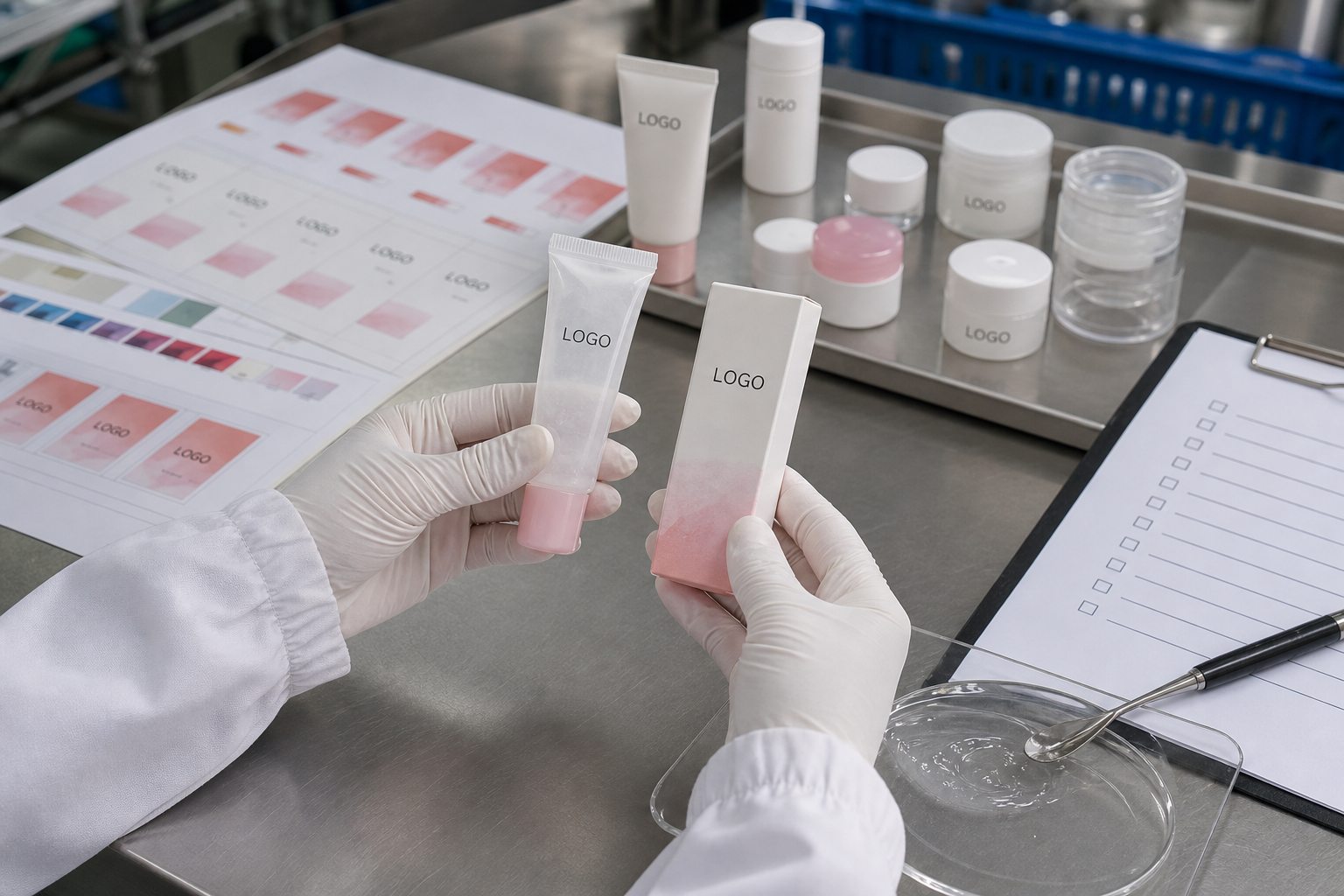 Factory QC sample review for lip jelly care gel packaging label proof texture sample and private label production planning