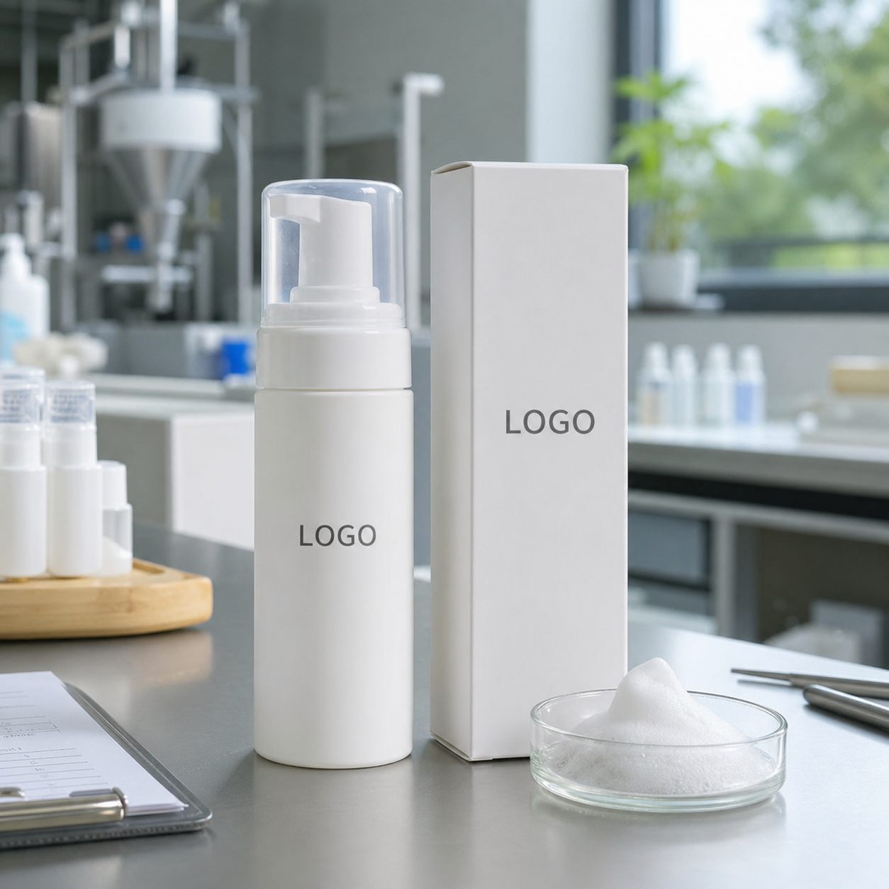 Private label moisturizing foaming facial cleanser pump bottle and carton sample on a GUOCUI factory sample table