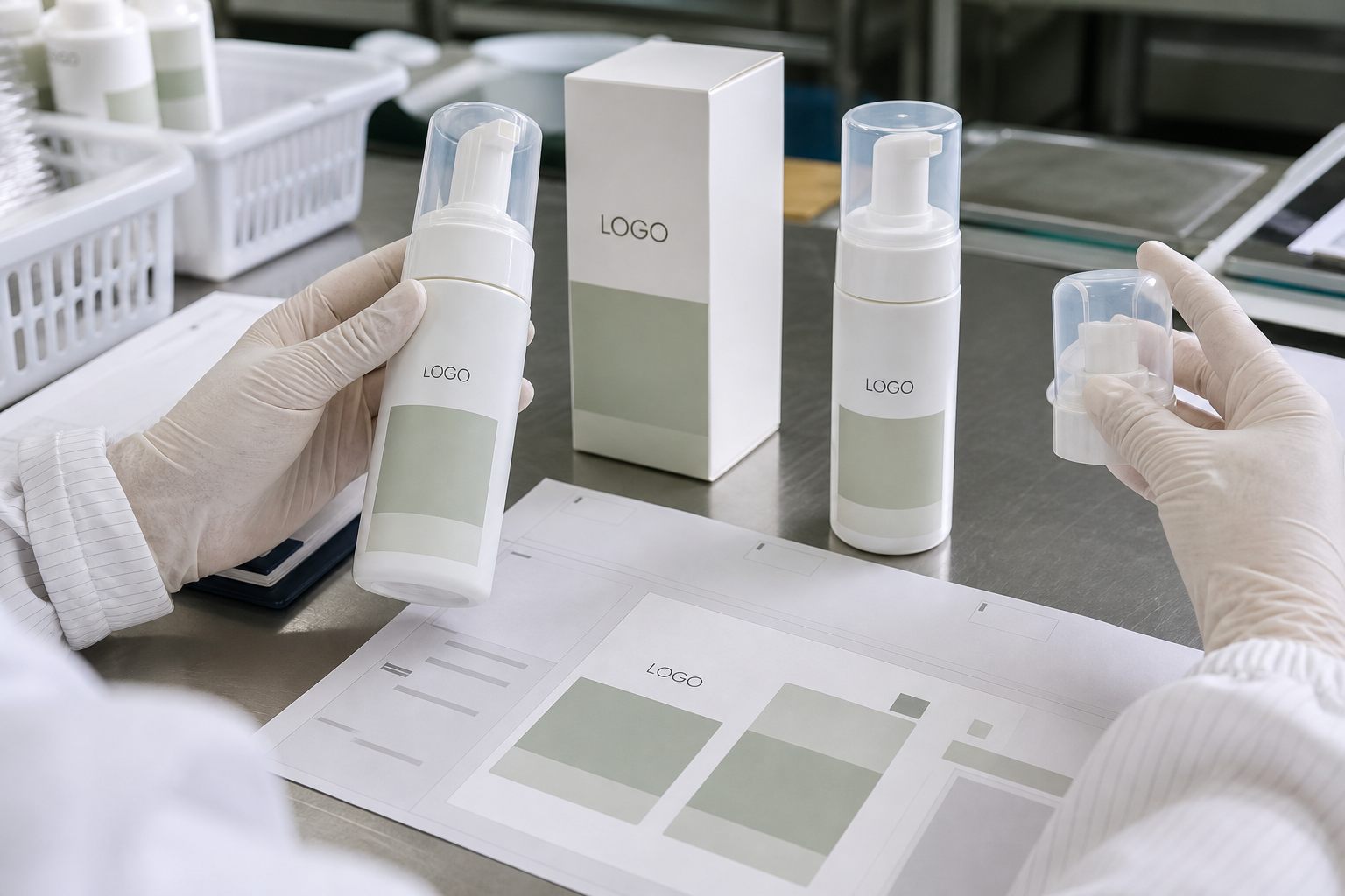 Factory QC label check for moisturizing foaming facial cleanser pump bottle and carton samples before private label production