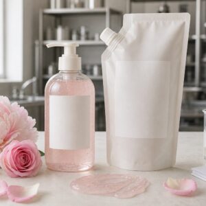 Private label peony rose body wash pump bottle refill pouch floral gel texture and factory sample table
