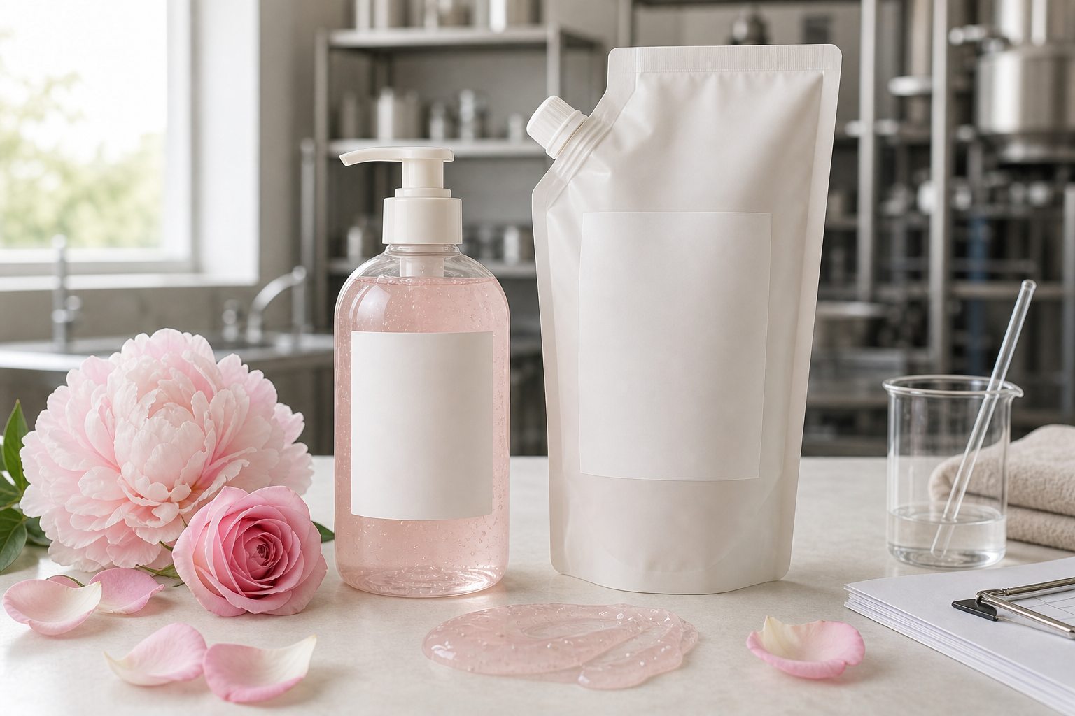 Private label peony rose body wash pump bottle refill pouch floral gel texture and factory sample table