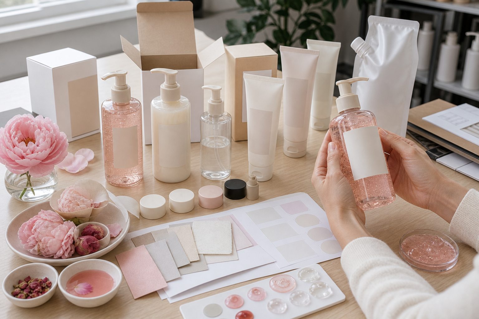 Peony rose body wash custom packaging options with pump bottles tubes refill pouches cartons caps and label materials