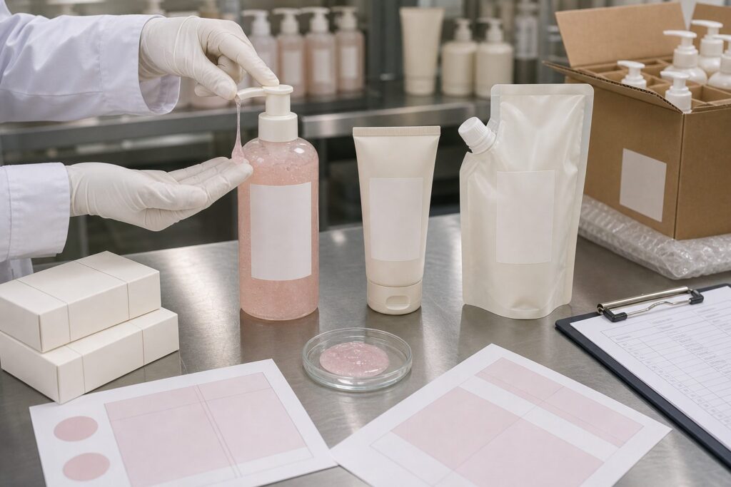 GUOCUI factory sample table with pump output check, blank label review, refill pouch, carton, and QC notes