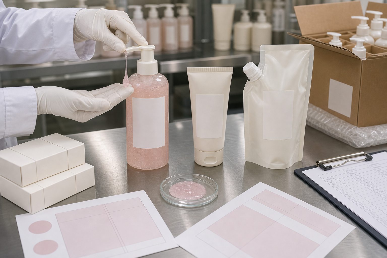 Peony rose body wash QC bench with pump output check blank label review refill pouch and carton packing materials
