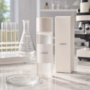 Private label peptide collagen toner essence sample bottle with custom logo label area blank carton and watery gel texture on a GUOCUI lab sample table