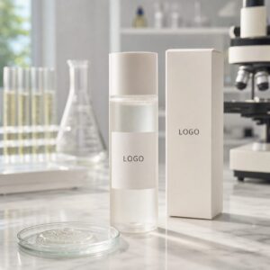 Private label peptide collagen toner essence sample bottle with custom logo label area blank carton and watery gel texture on a GUOCUI lab sample table