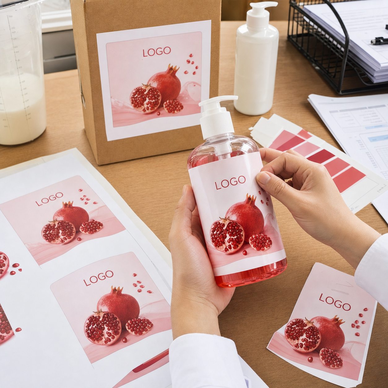 Packaging proofing table for custom logo pomegranate body wash sample