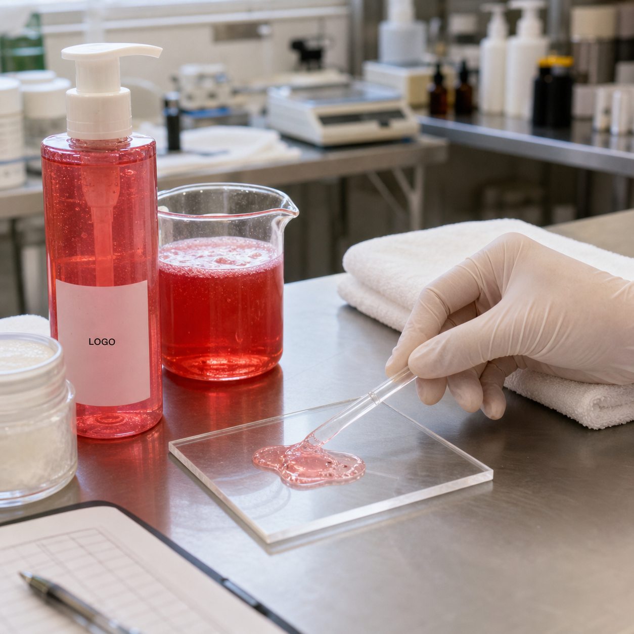 QC texture check for pomegranate body wash sample at skincare factory bench