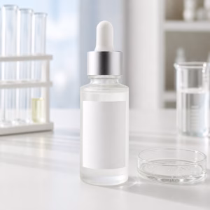 Private label pore-refining comfort ampoule sample with blank frosted bottle clear serum texture and clean lab table