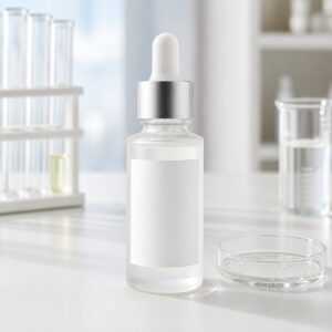 Private label pore-refining comfort ampoule sample with blank frosted bottle clear serum texture and clean lab table