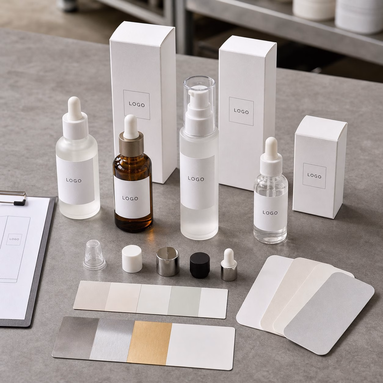 Blank serum bottles cartons cap samples and label swatches for custom logo pore-refining comfort ampoule packaging