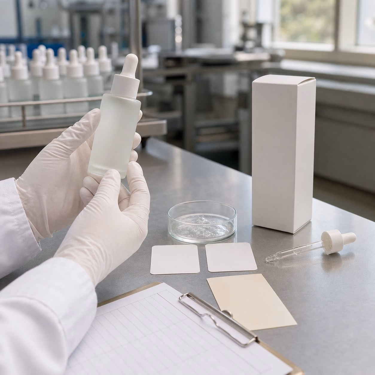 Factory QC sample review for private label pore-refining comfort ampoule with blank bottle carton label swatches and texture dish