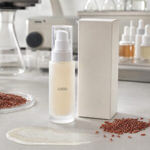 Private label red rice refining facial serum sample bottle with custom logo label area blank carton red rice grains and serum texture on a GUOCUI lab sample table