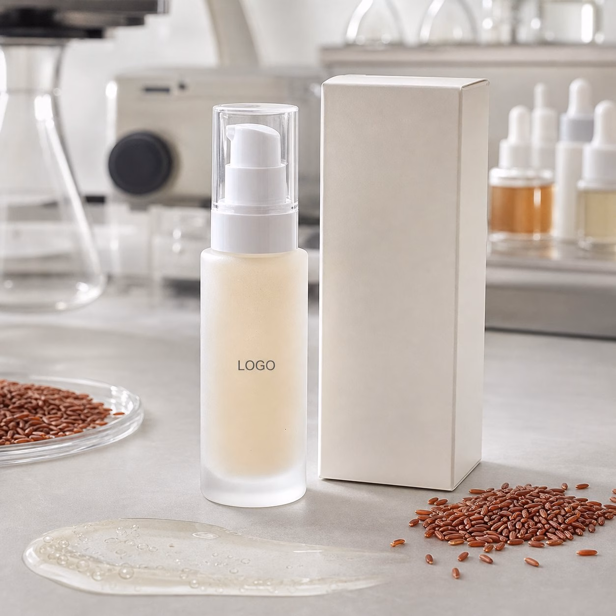 Private label red rice refining facial serum sample bottle with custom logo label area blank carton red rice grains and serum texture on a GUOCUI lab sample table