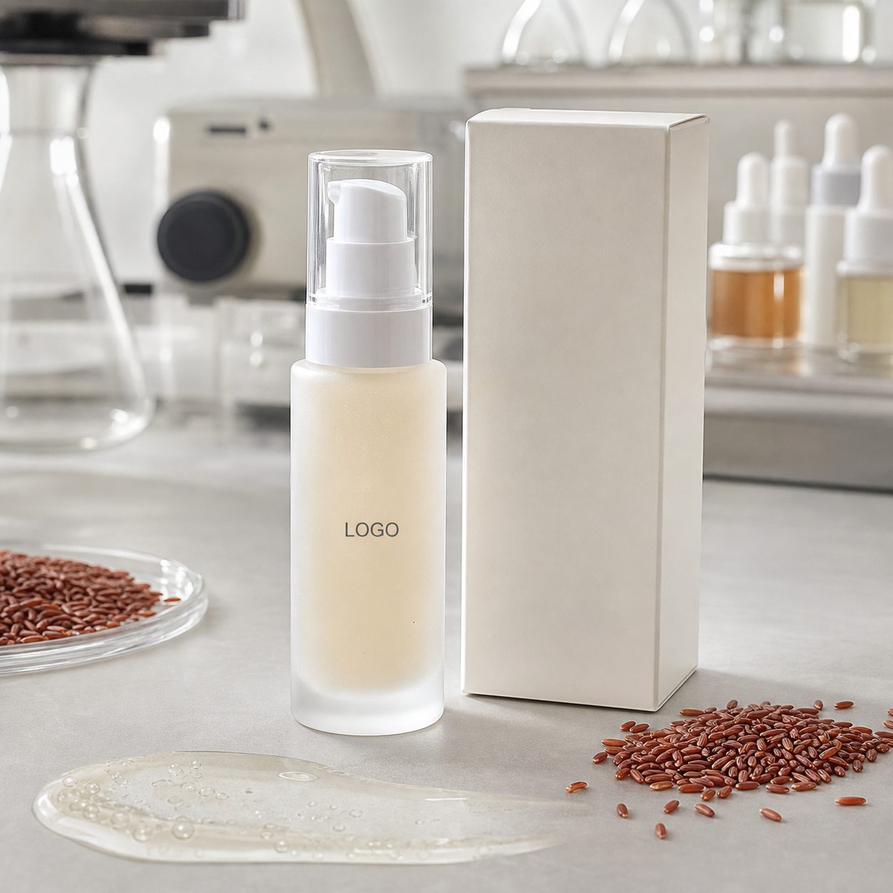 Private label red rice refining facial serum sample bottle with custom logo label area blank carton red rice grains and serum texture on a GUOCUI lab sample table