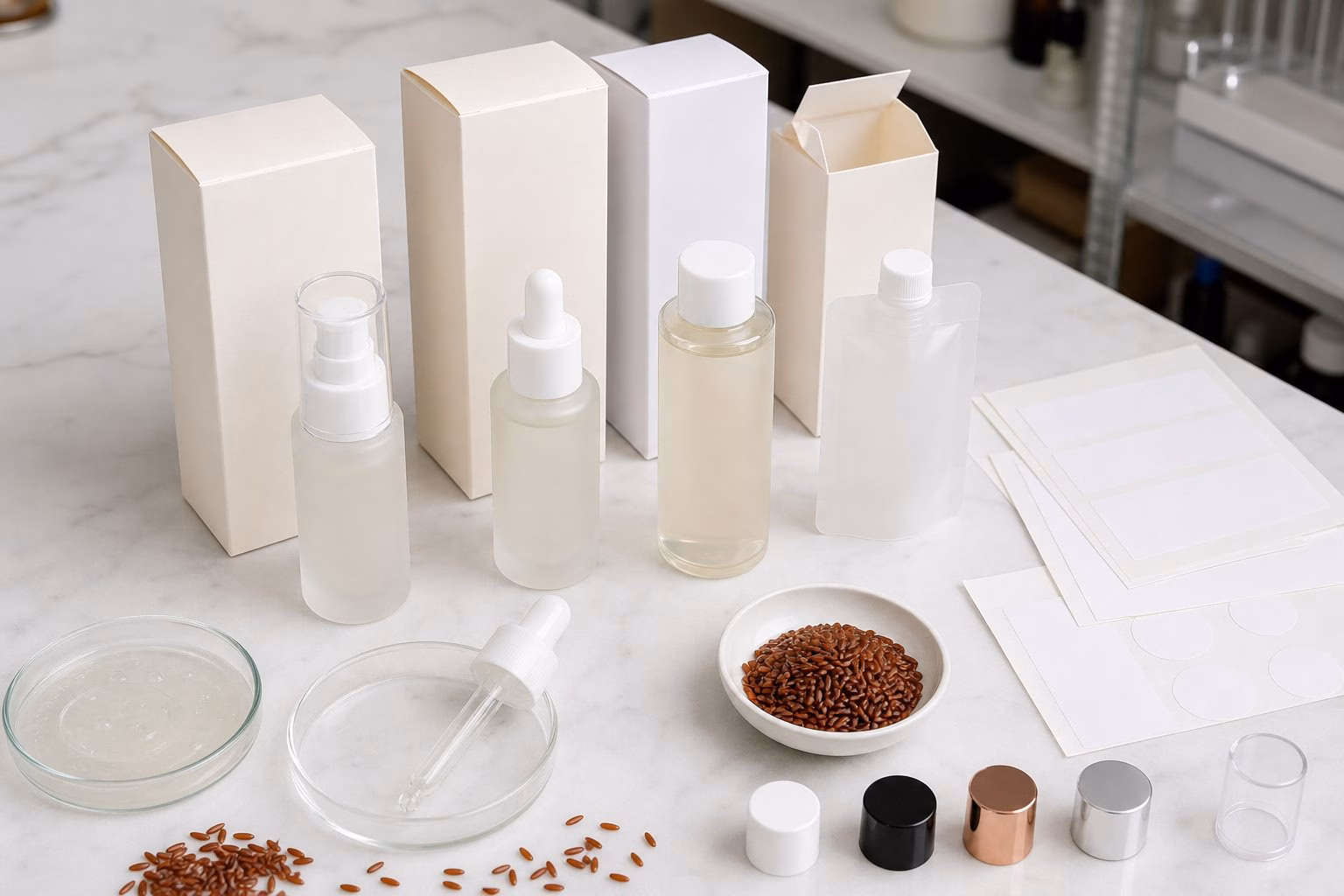 Blank serum bottles cartons cap options label sheets red rice grains and texture sample for custom logo red rice facial serum packaging