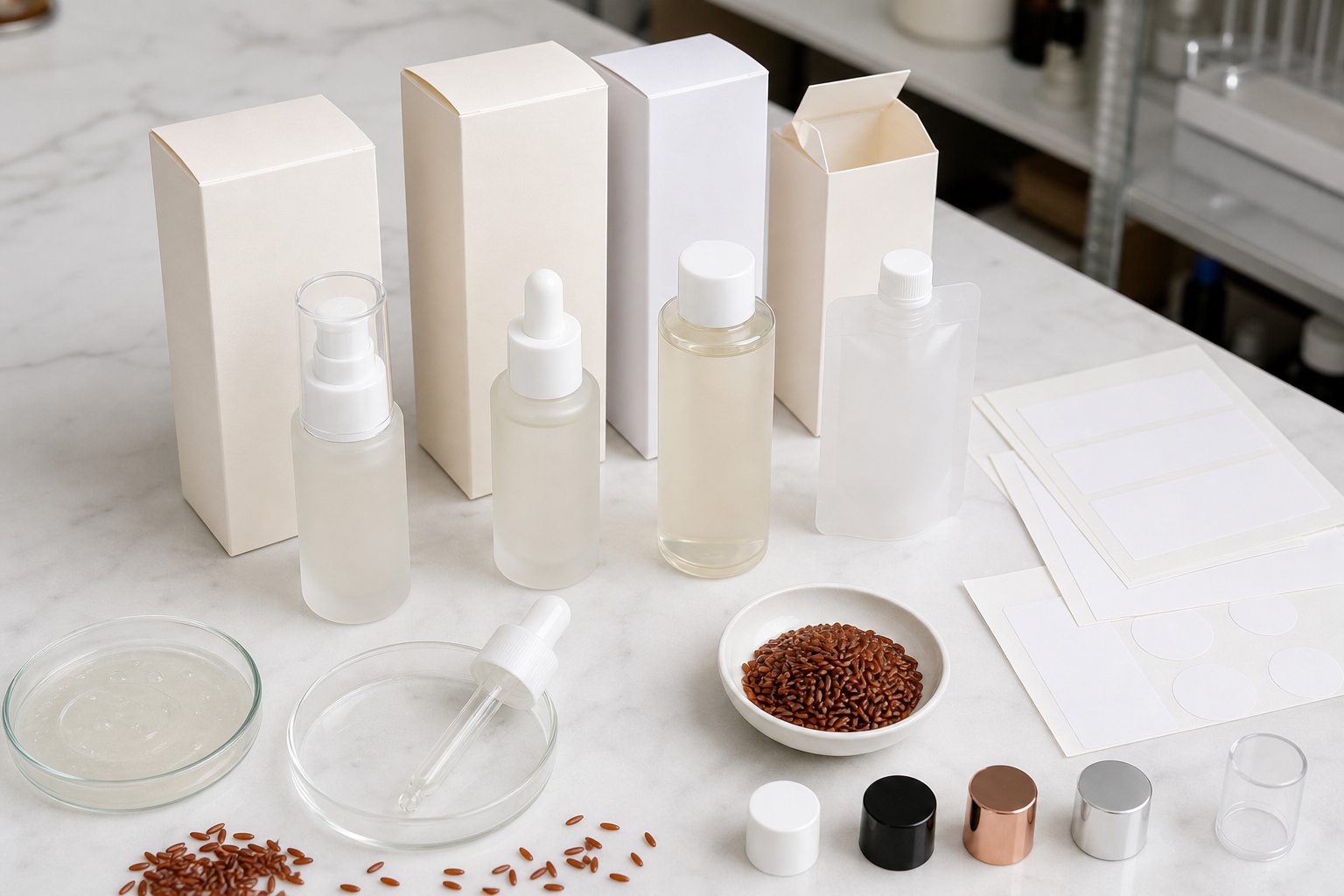 Blank serum bottles cartons cap options label sheets red rice grains and texture sample for custom logo red rice facial serum packaging