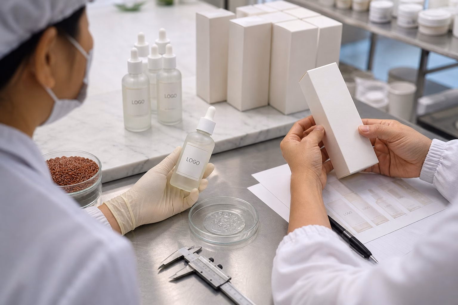 Factory QC sample review for private label red rice refining facial serum blank carton label sheets bottle sample and texture dish