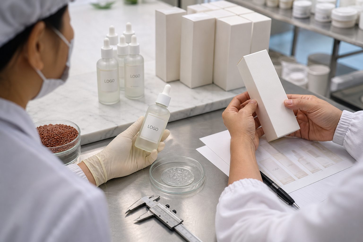Factory QC sample review for private label red rice refining facial serum blank carton label sheets bottle sample and texture dish