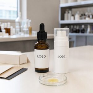 Private label retinal night facial serum sample with amber dropper pump bottle texture dish and custom logo packaging area