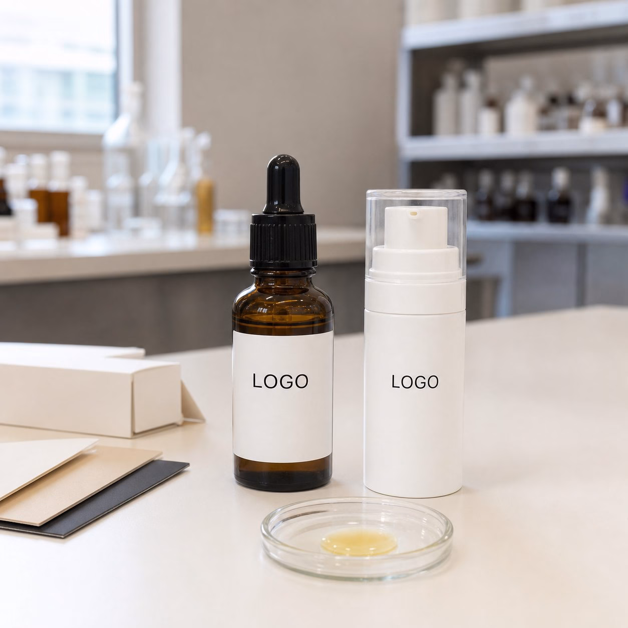 Private label retinal night facial serum sample with amber dropper pump bottle texture dish and custom logo packaging area