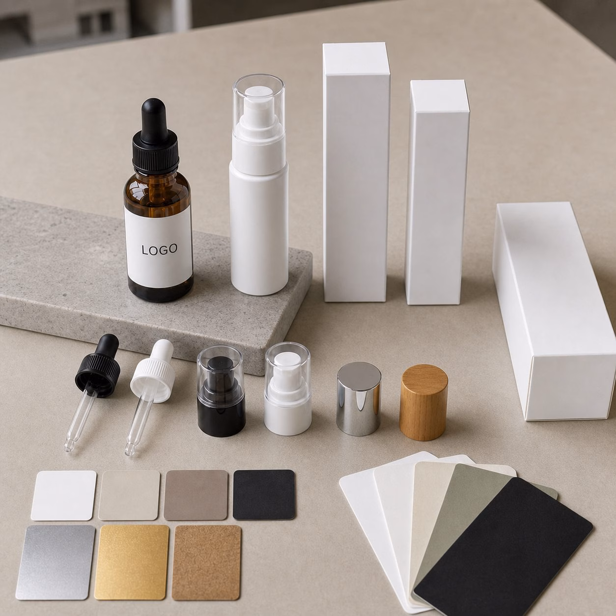 Blank dropper bottle pump bottle cartons caps and swatches for custom logo retinal night facial serum packaging