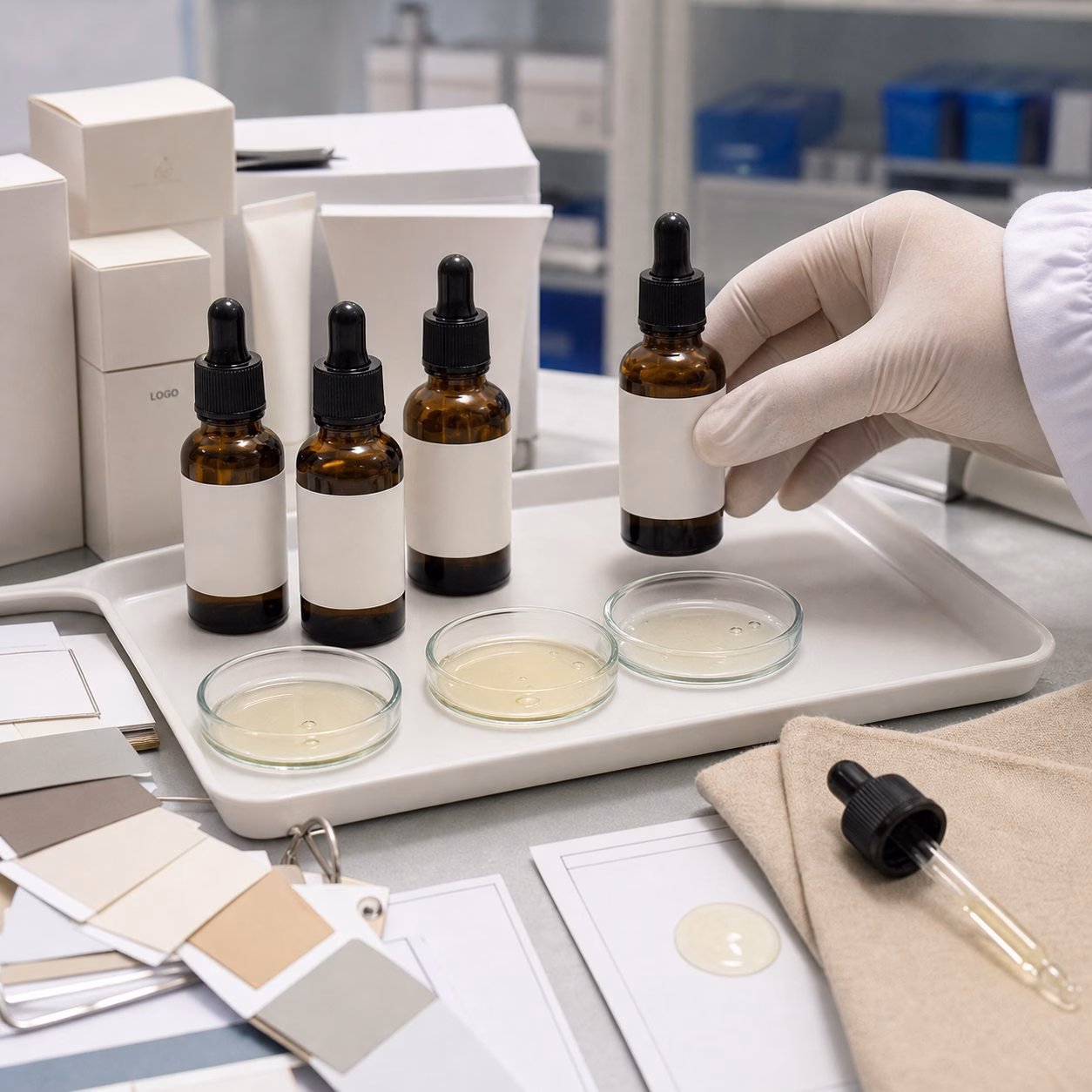 Factory QC sample review for private label retinal night facial serum with amber bottles texture dishes blank labels and gloved hand