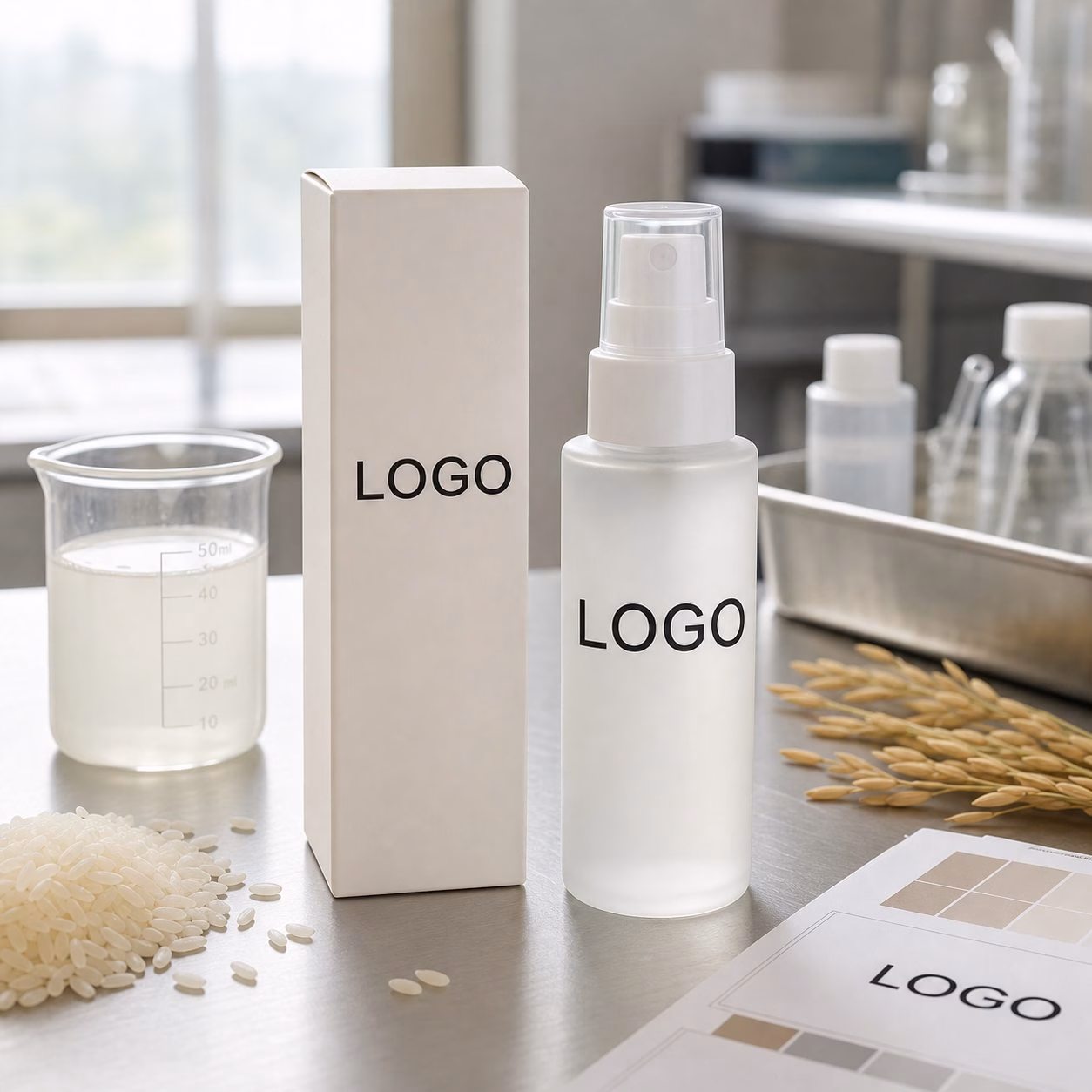 AI development illustration of a rice hydrosol facial mist bottle and carton sample