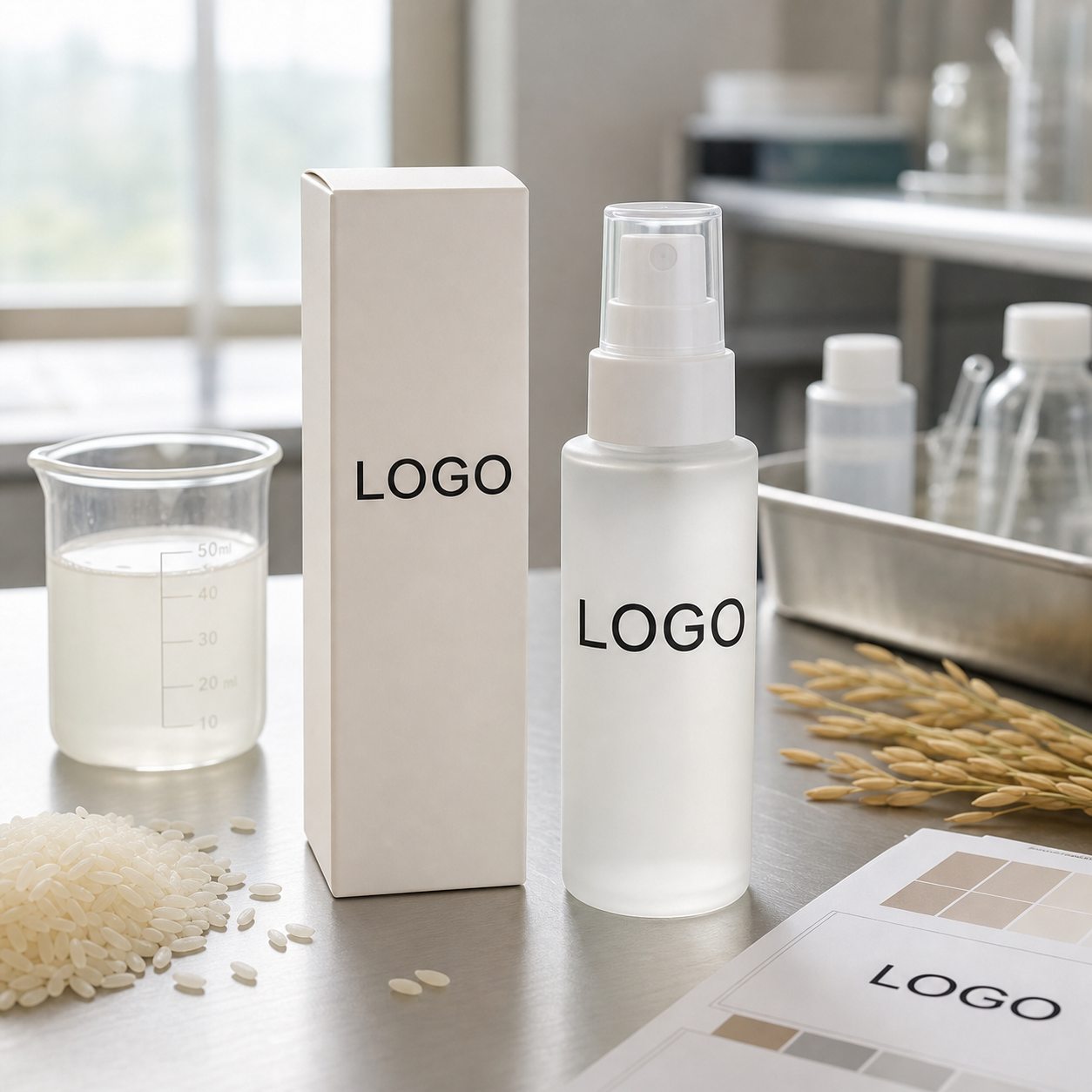 Private label rice hydrosol facial mist bottle and carton sample with custom logo label review