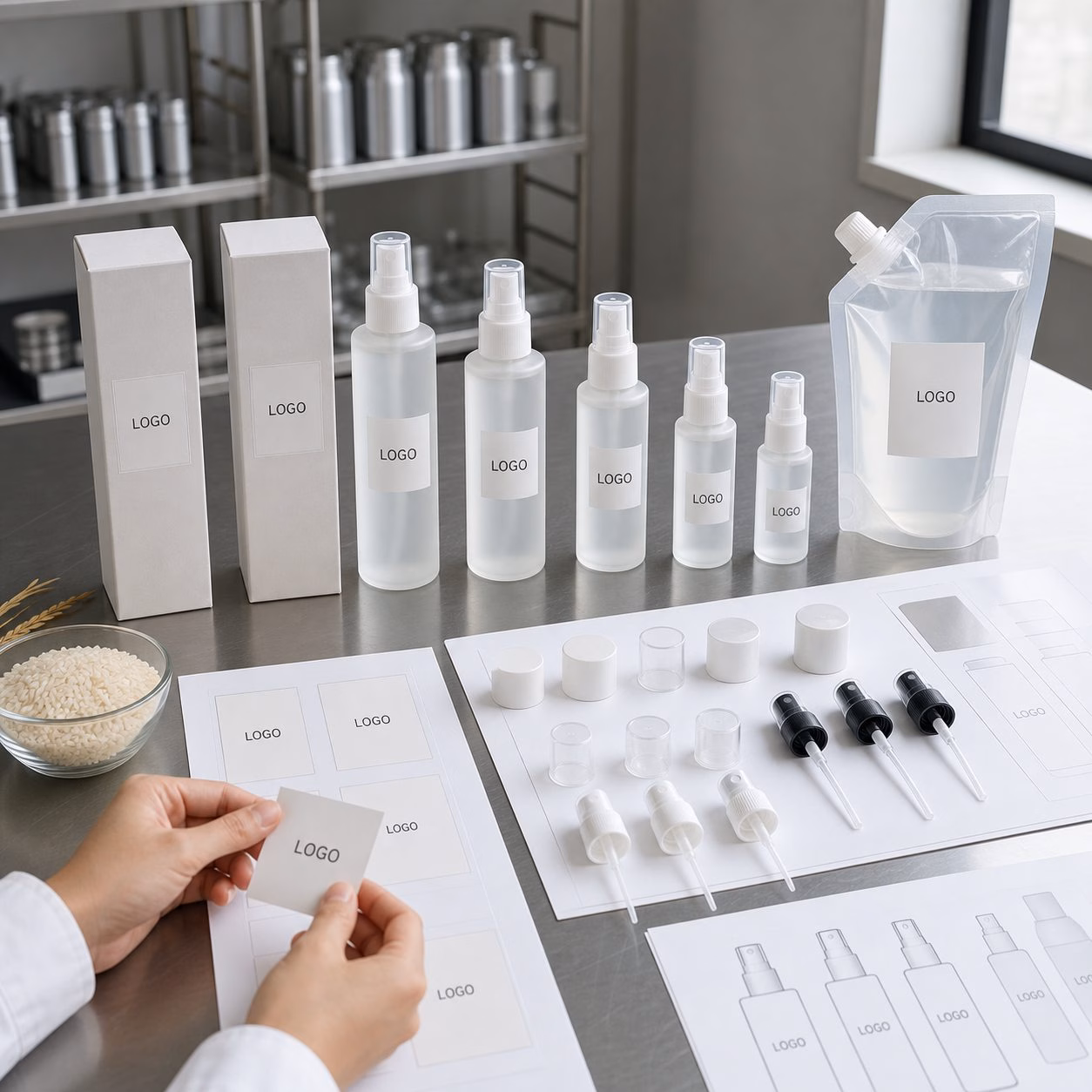AI development illustration of facial mist bottle pump and label options