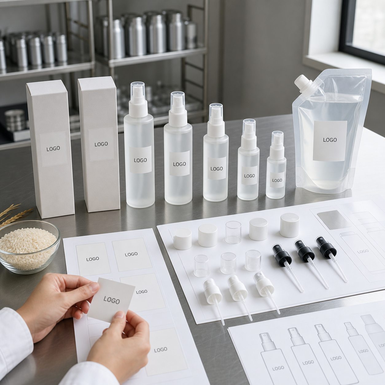 Packaging proofing table for custom logo rice hydrosol facial mist bottles and cartons