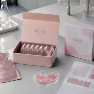Private label rose hydrogel eye patch sachet carton tray and texture sample on skincare lab bench