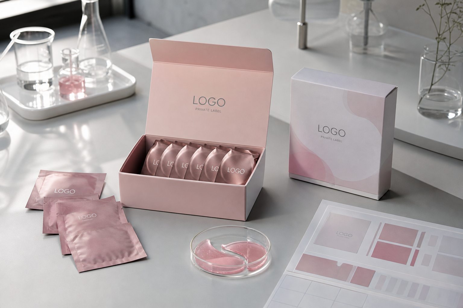 Private label rose hydrogel eye patch sachet carton tray and texture sample on skincare lab bench