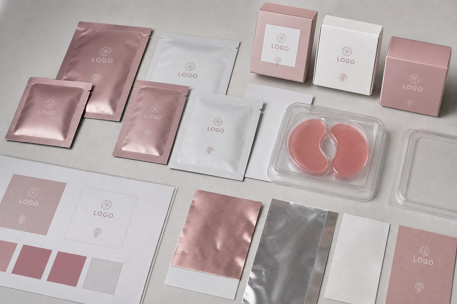 Custom logo rose hydrogel eye patch packaging options with sachets cartons label swatches and eye patch tray