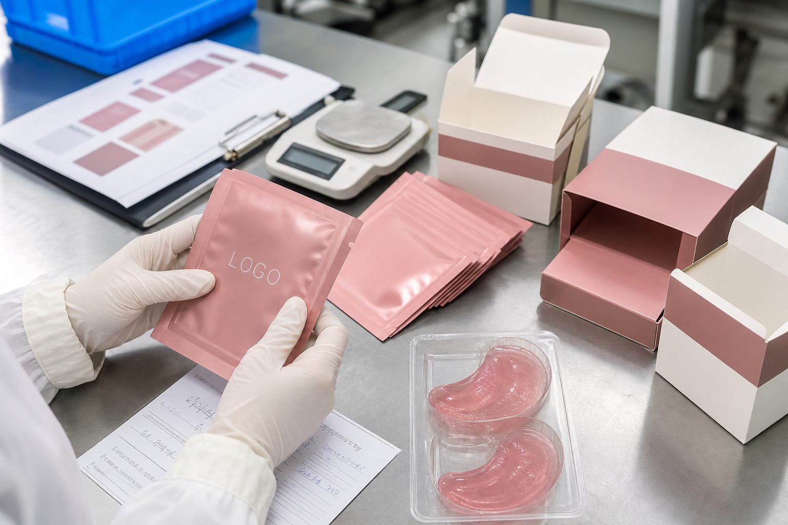 Factory QC sample review for rose hydrogel eye patch sachets cartons tray and label proof before private label production