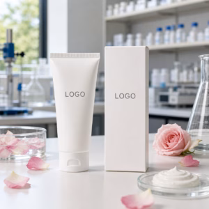 Private label rose milk soft hand cream tube and carton sample with custom logo packaging area on a GUOCUI lab table