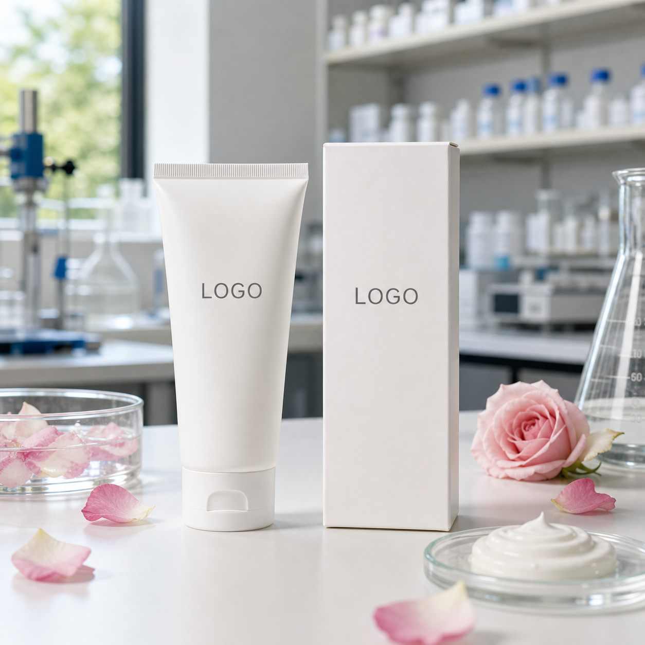 Private label rose milk soft hand cream tube and carton sample with custom logo packaging area on a GUOCUI lab table