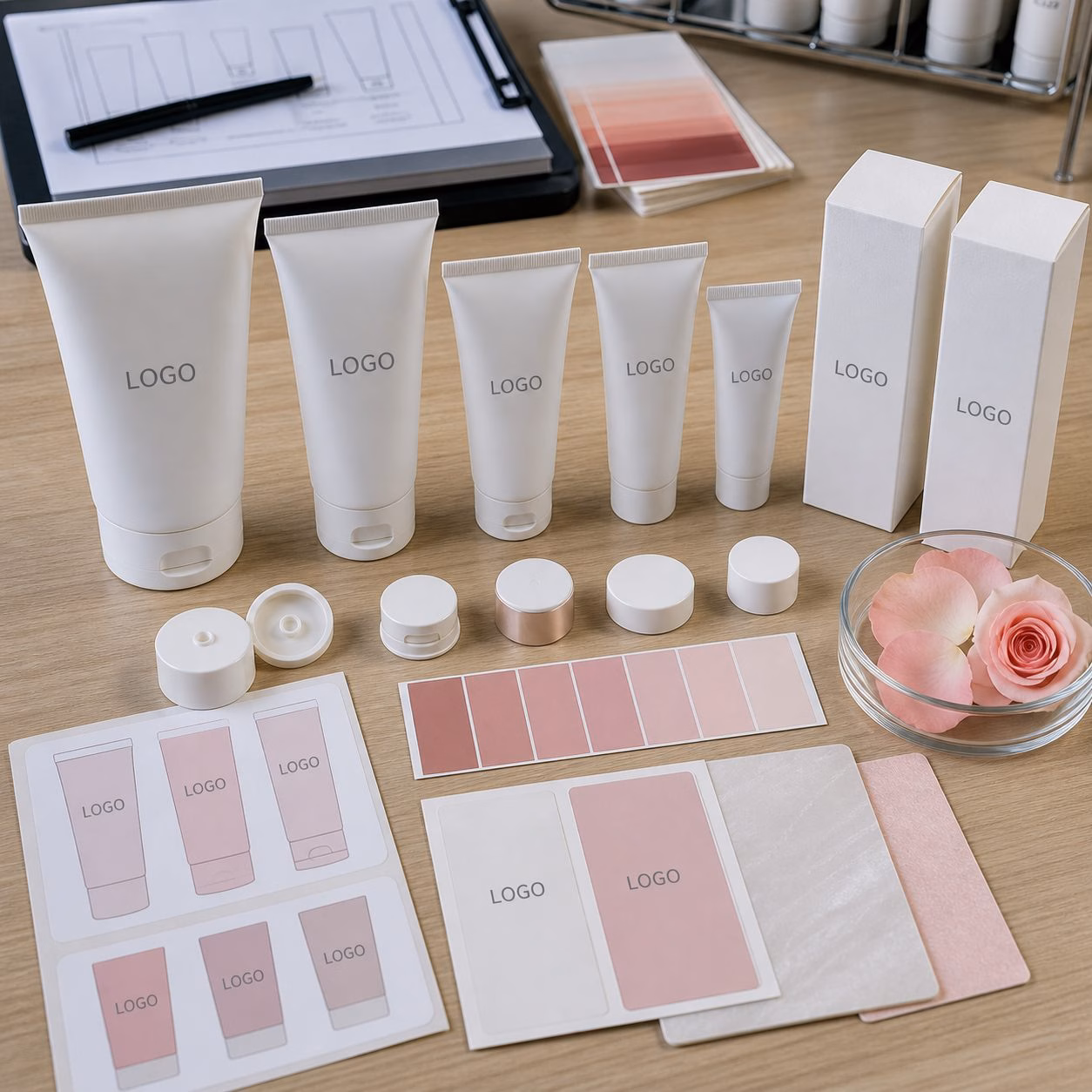 Tube sizes, cartons, cap options, label proofs and rose color swatches for custom logo rose milk hand cream
