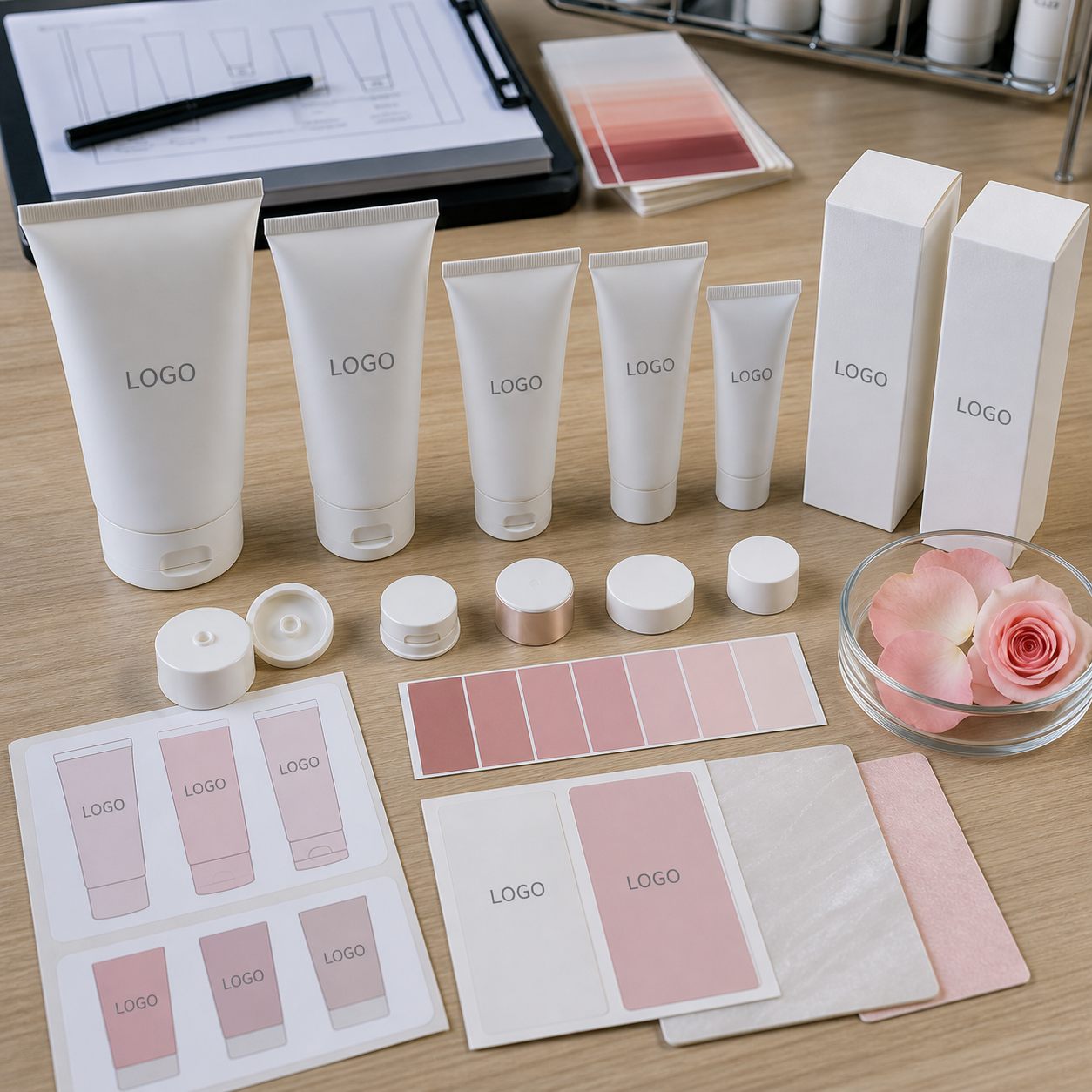 Tube sizes, cartons, cap options, label proofs and rose color swatches for custom logo rose milk hand cream