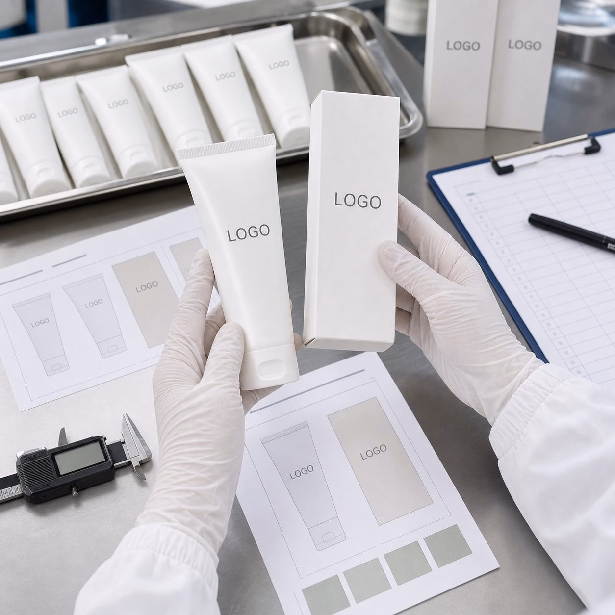 Factory QC label check for rose milk hand cream tube and carton samples before private label production
