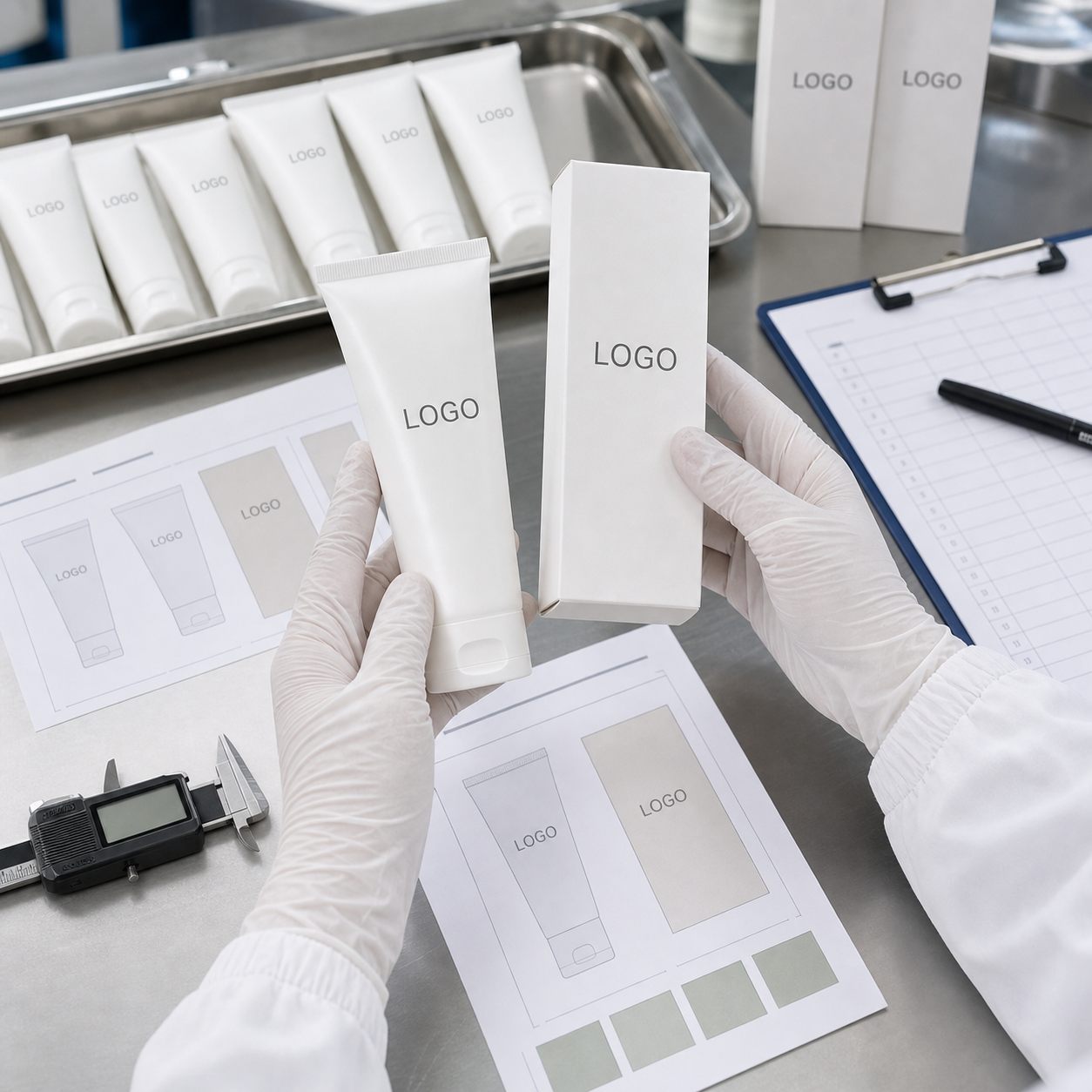 Factory QC label check for rose milk hand cream tube and carton samples before private label production
