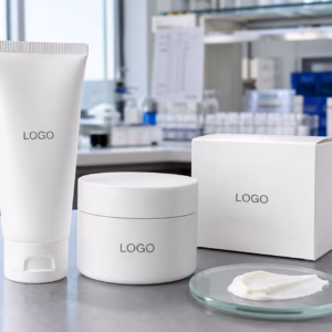 Private label rough skin foot cream tube jar and blank carton with cream texture on skincare lab table