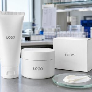 Private label rough skin foot cream tube jar and blank carton with cream texture on skincare lab table