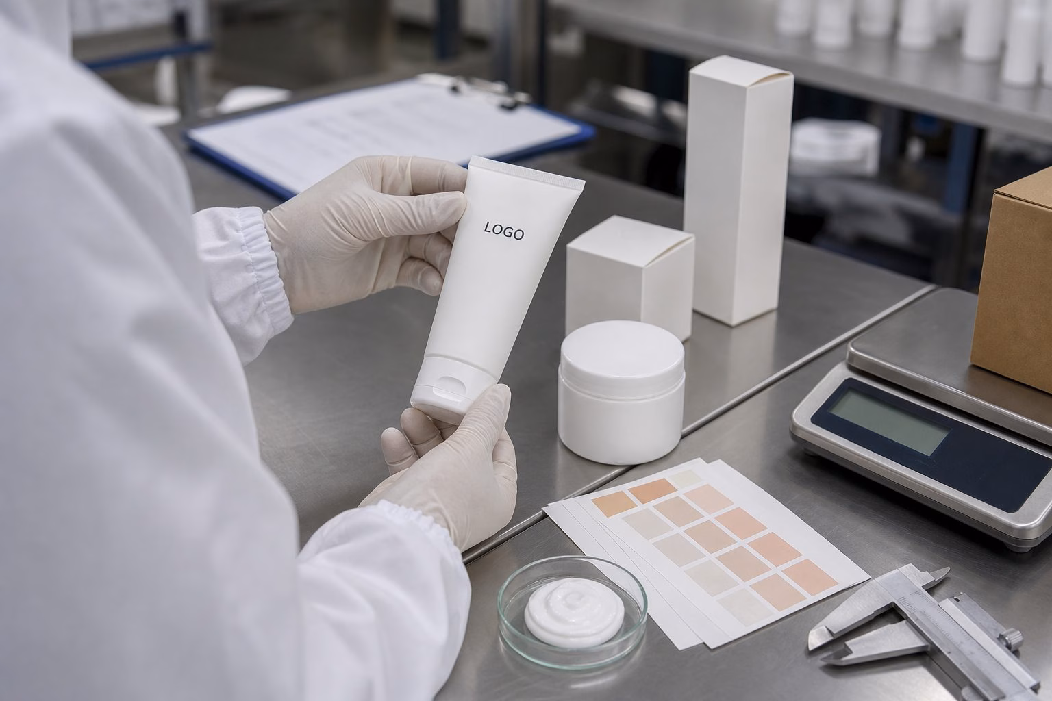 Factory QC sample review for private label rough skin foot cream with blank tube jar carton label swatches and texture dish