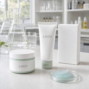 Private label scalp comfort scrub jar tube blank carton and cream gel texture sample on skincare lab bench