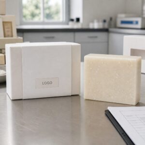 Private label sea salt goat milk facial cleansing bar sample with custom logo carton on a factory sample table